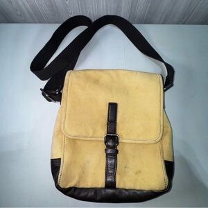 Fossil Small Messenger Commuter Bag Tan Canvas Adjustable Strap Leather Trim Y2K